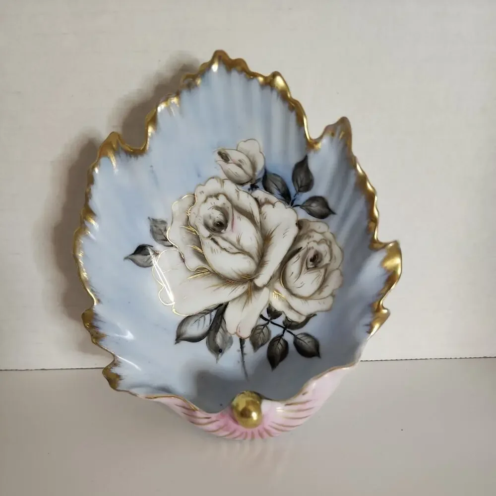 Vtg Chubu China Hand Painted Shell Shaped Trinket Dish Rose Pale Blue, Pink